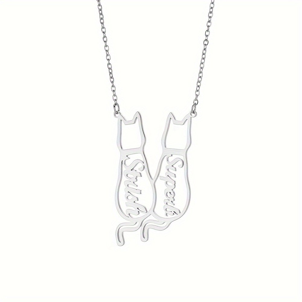 Custom Hollow Cat Silhouette Stainless Steel Necklace With English Names